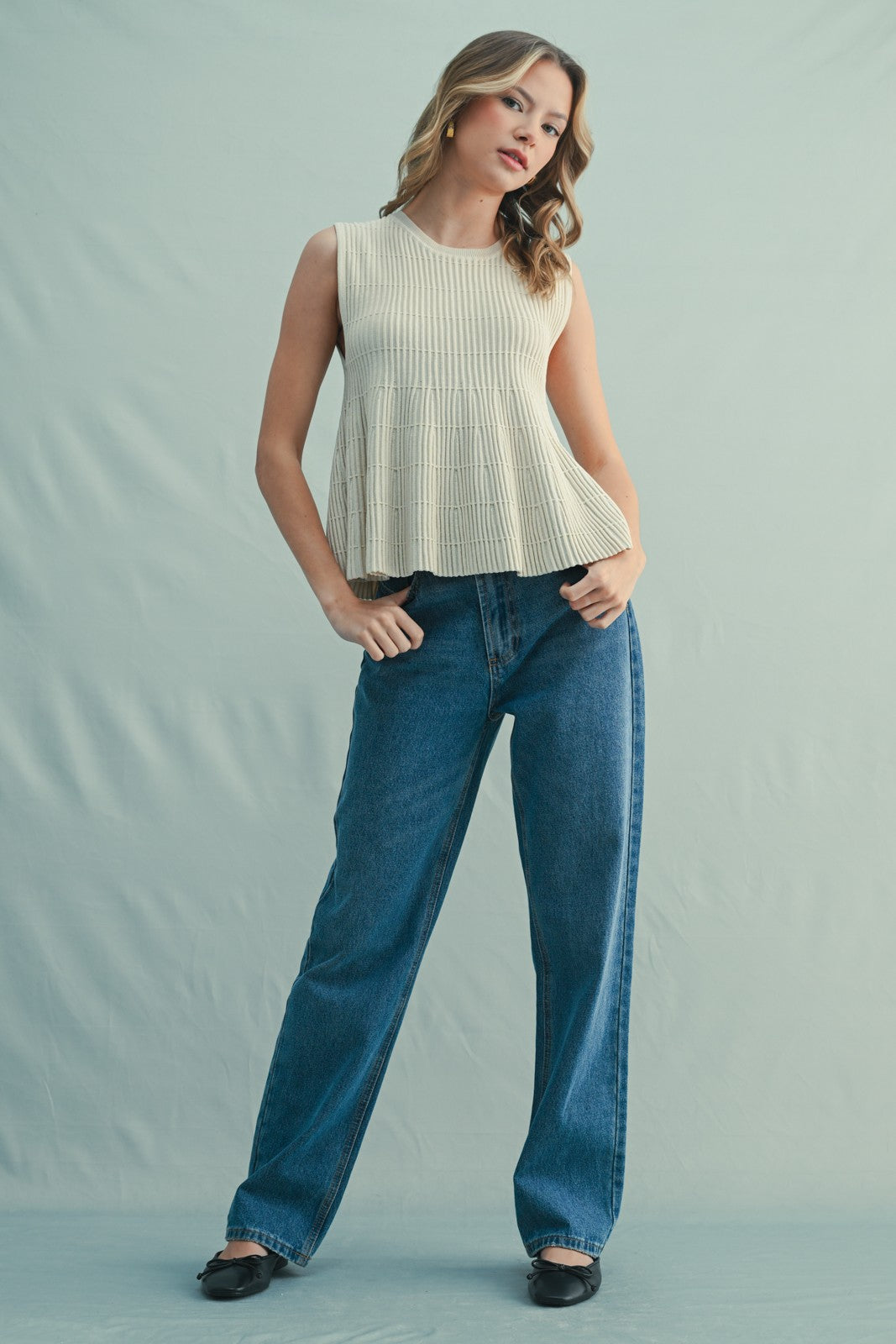Flared Ribbed Sweater Top - Champagne