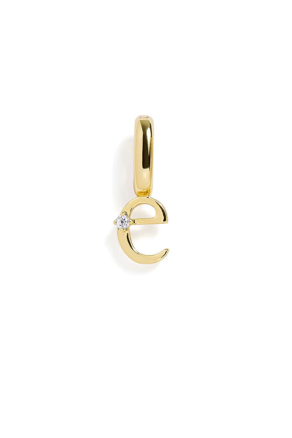Gold pendant with letter 'e' and diamond on a white background