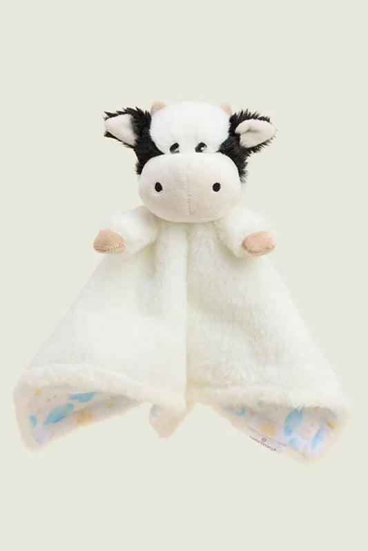 Plush cow toy with a white background