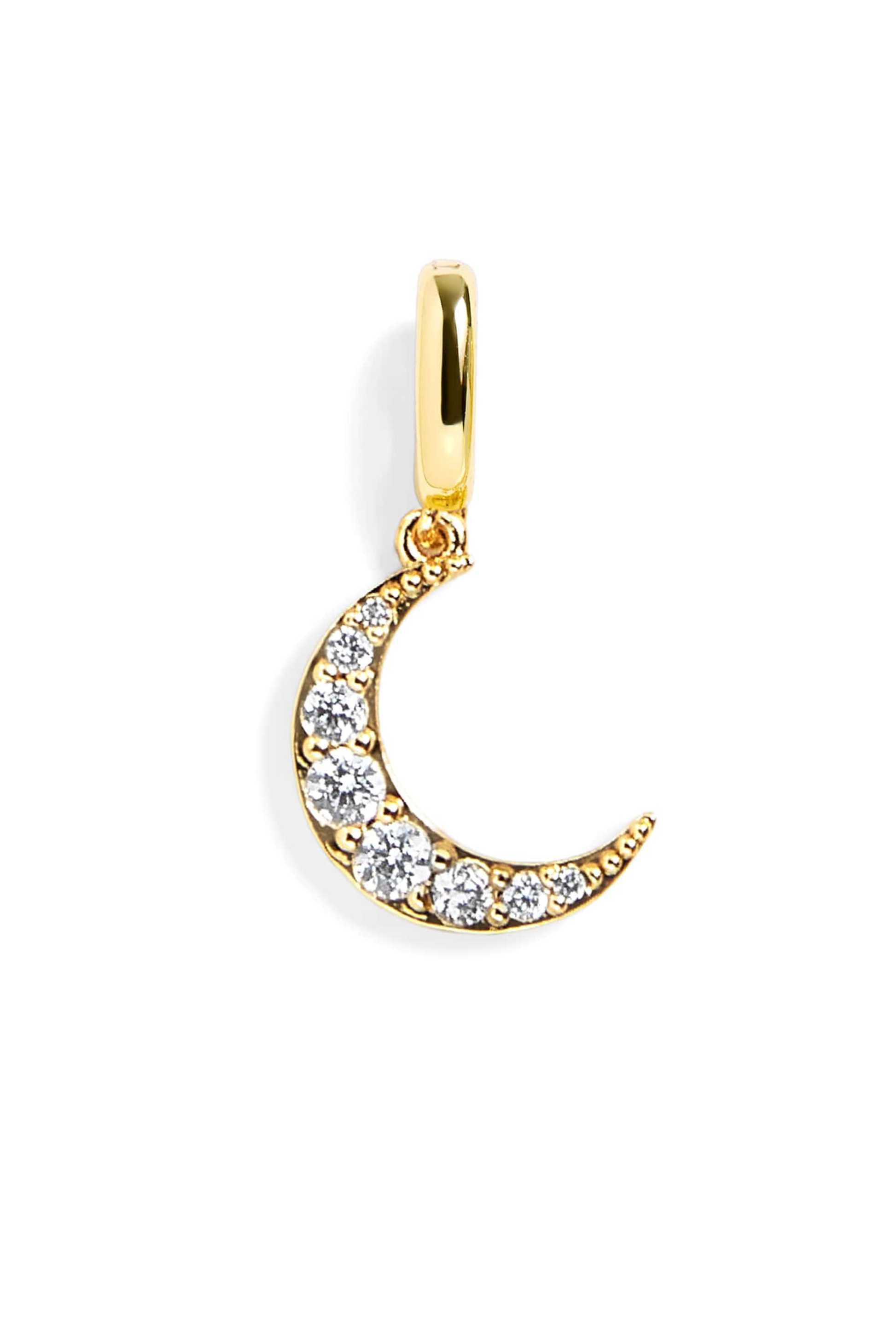 Gold crescent moon pendant with clear stones on a white background