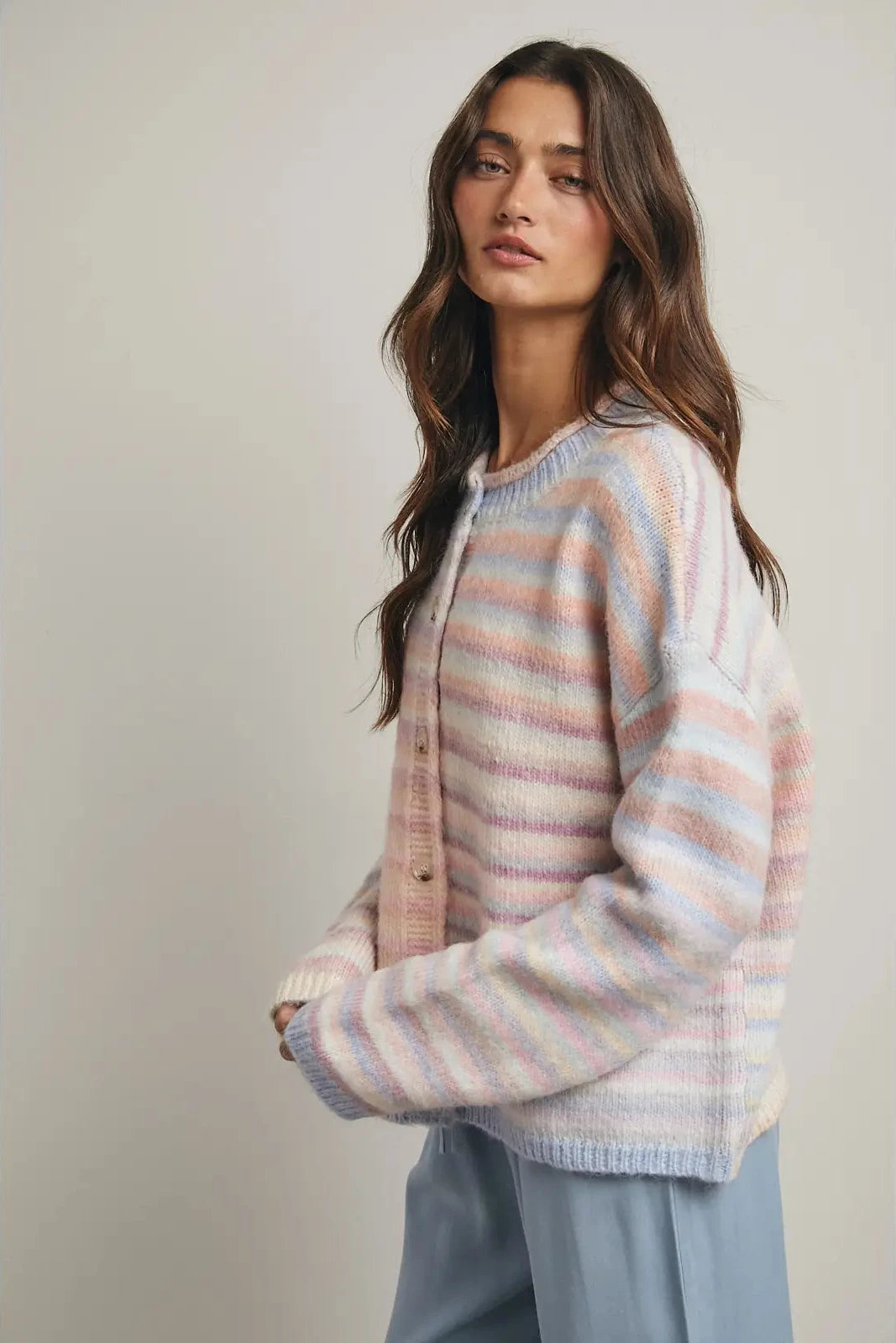 Rainbow Button-Up Knit Sweater Cardigan - Pastel