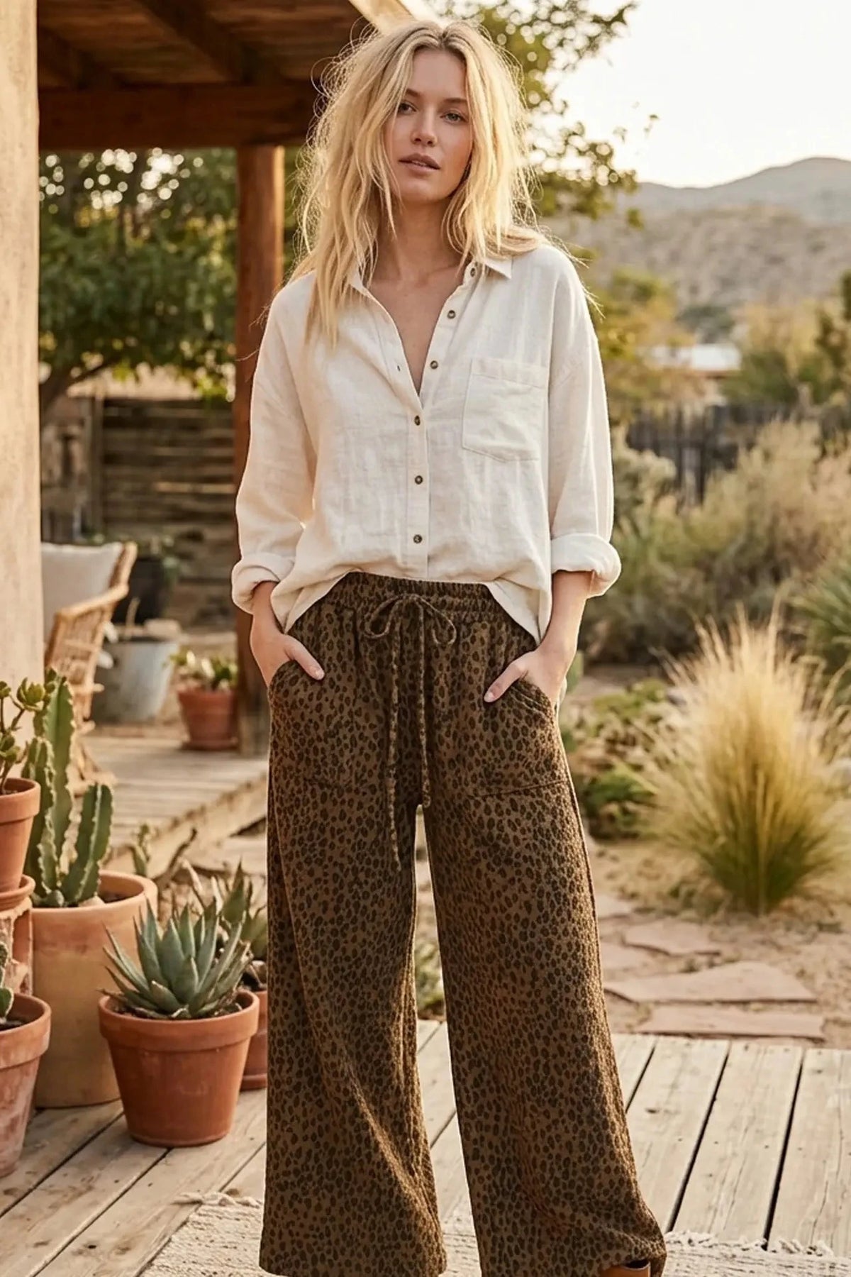 Leopard Wide Leg Drawstring Pants