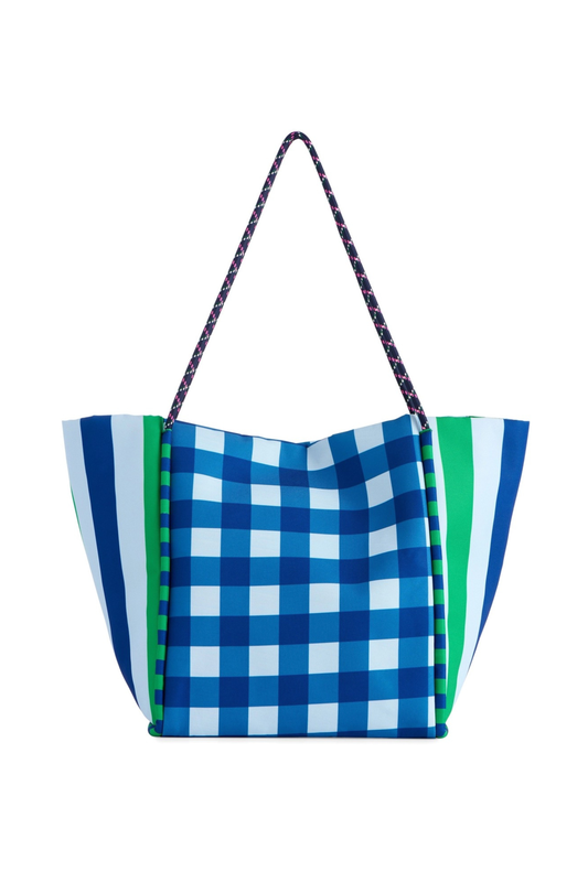 blue and green patterned bag