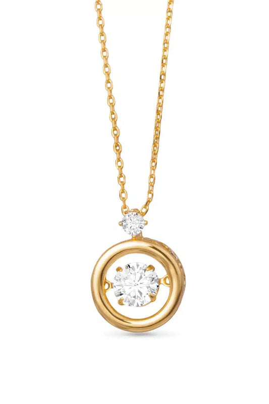 Gold necklace with a round diamond pendant on a white background