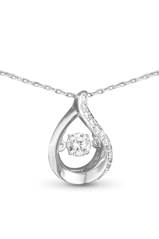 Silver teardrop-shaped pendant with a diamond on a white background