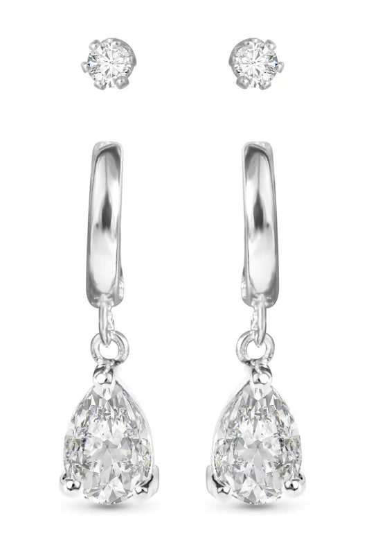 Silver Pear CZ Huggie & Stud Duo Earrings