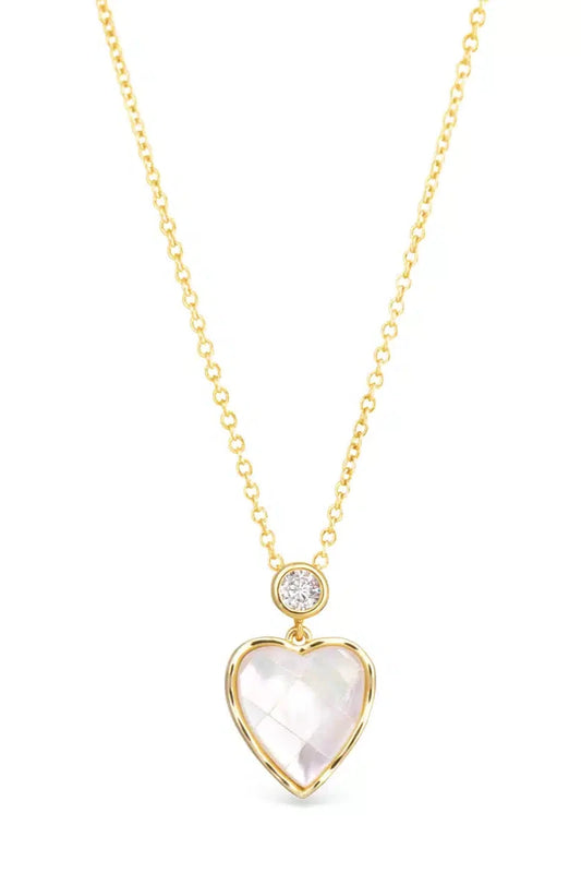 Gold necklace with a heart-shaped pendant on a white background