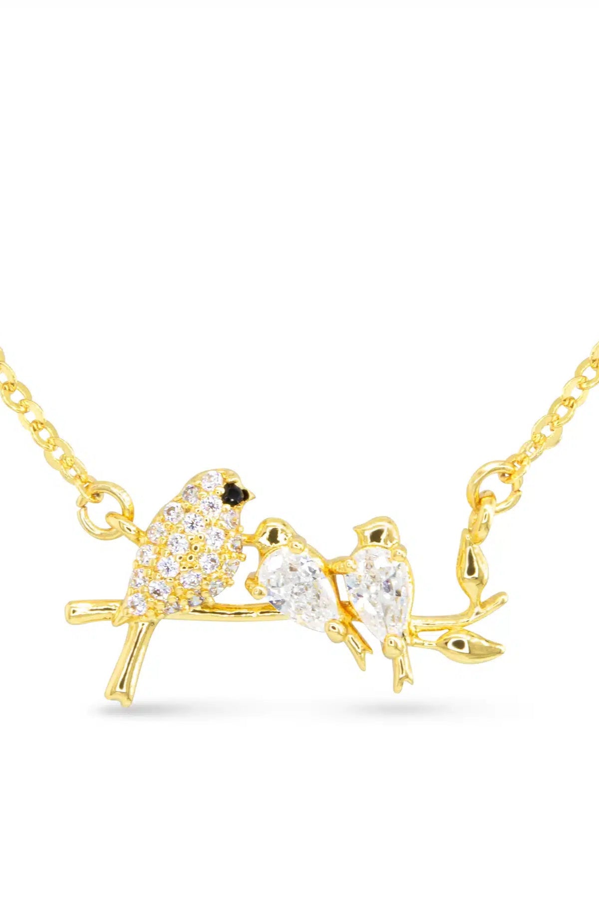 Gold necklace with a bird-shaped pendant on a white background