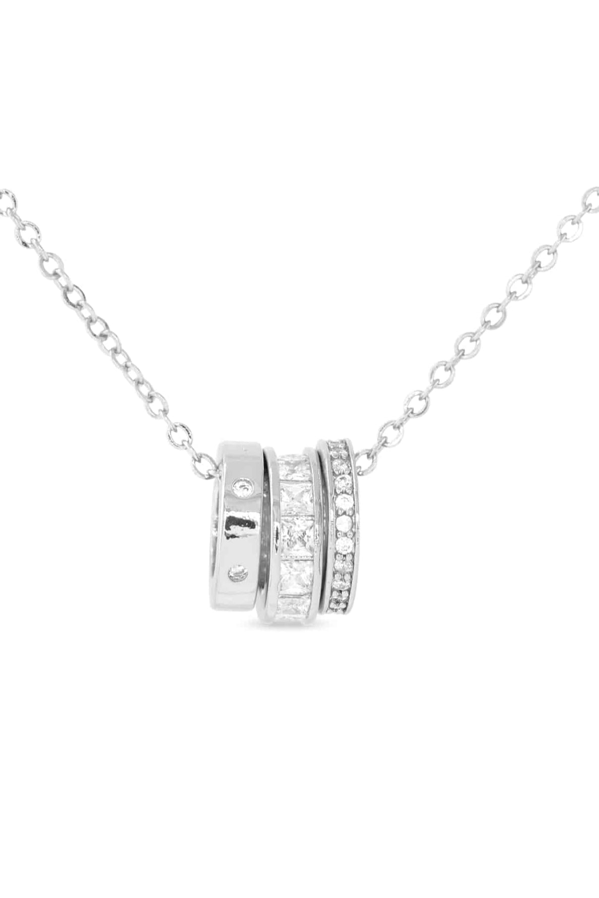 Silver necklace with a circular pendants on a white background