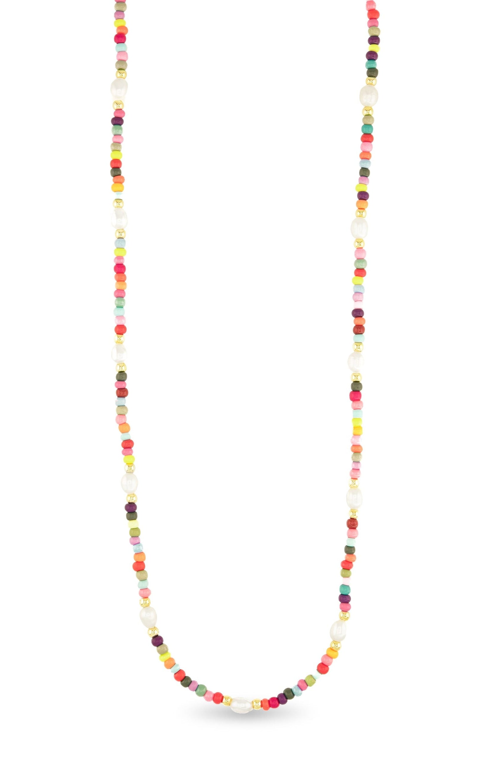 Multicolored beaded necklace on a white background