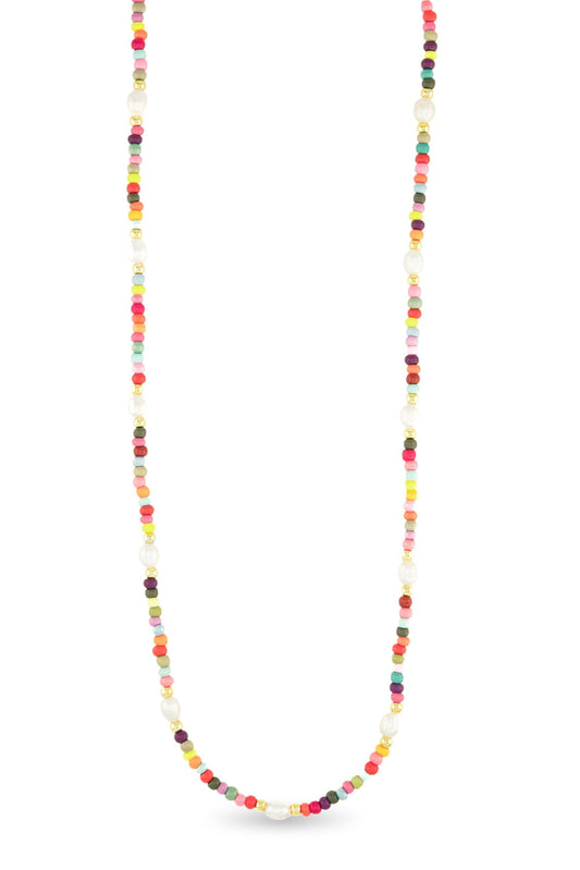 Multicolored beaded necklace on a white background
