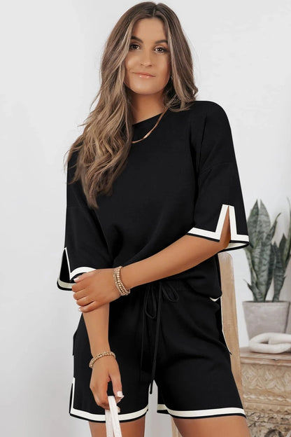 Ribbed Knit Shorts Lounge Set - Black