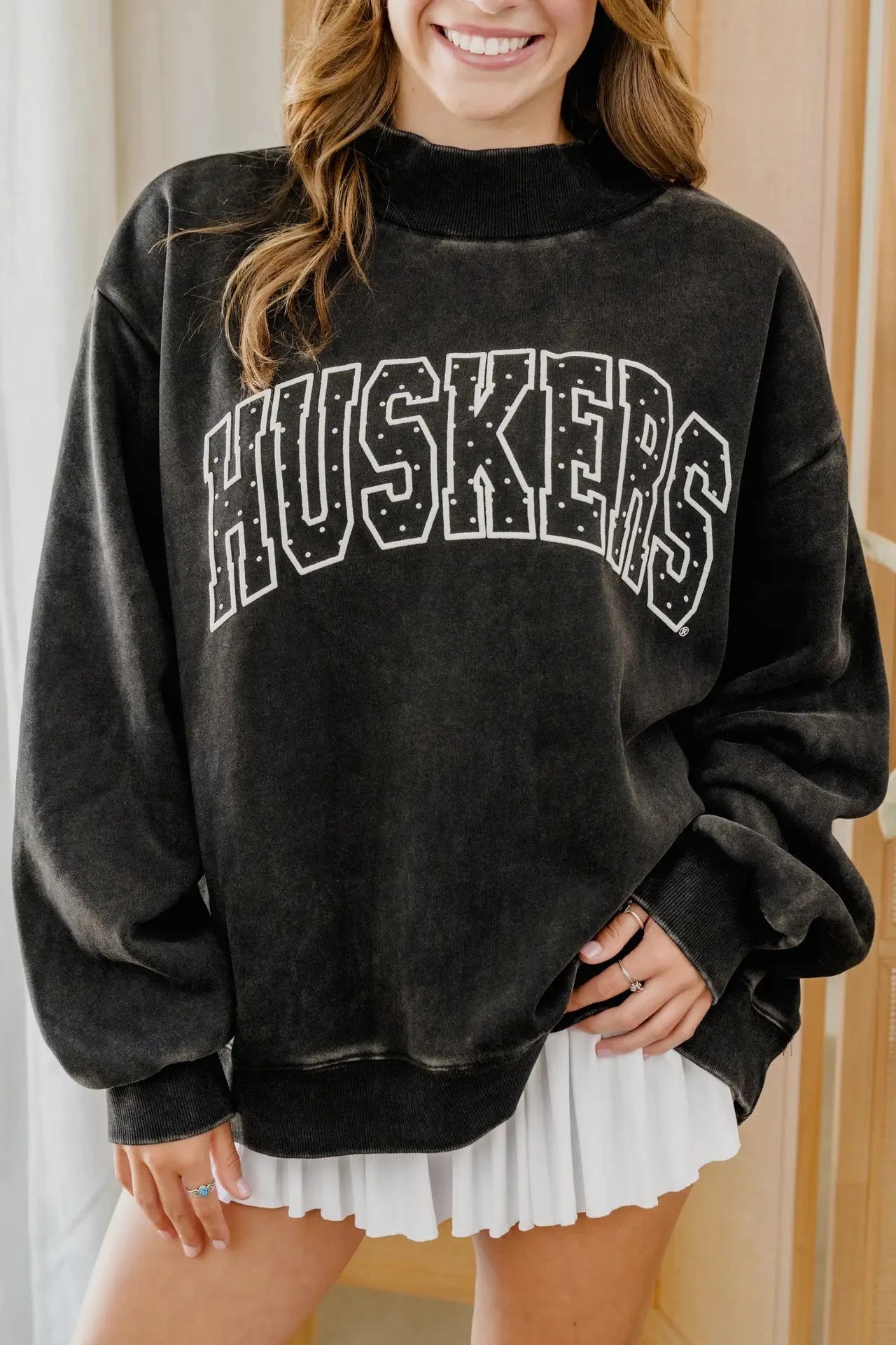 Huskers Polka Dot Mock Neck - Black