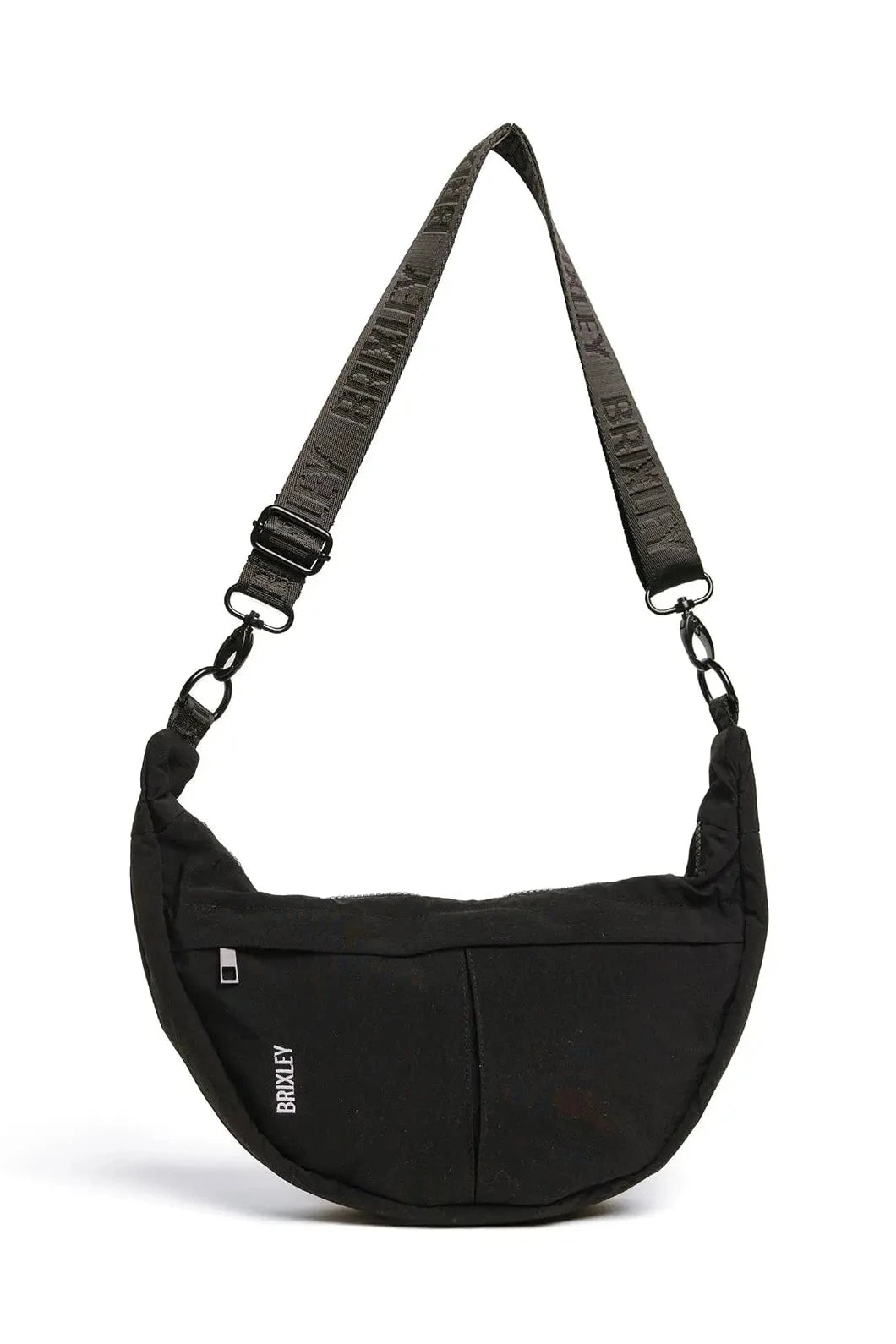 Black dog sling bag with a visible brand logo on a white background