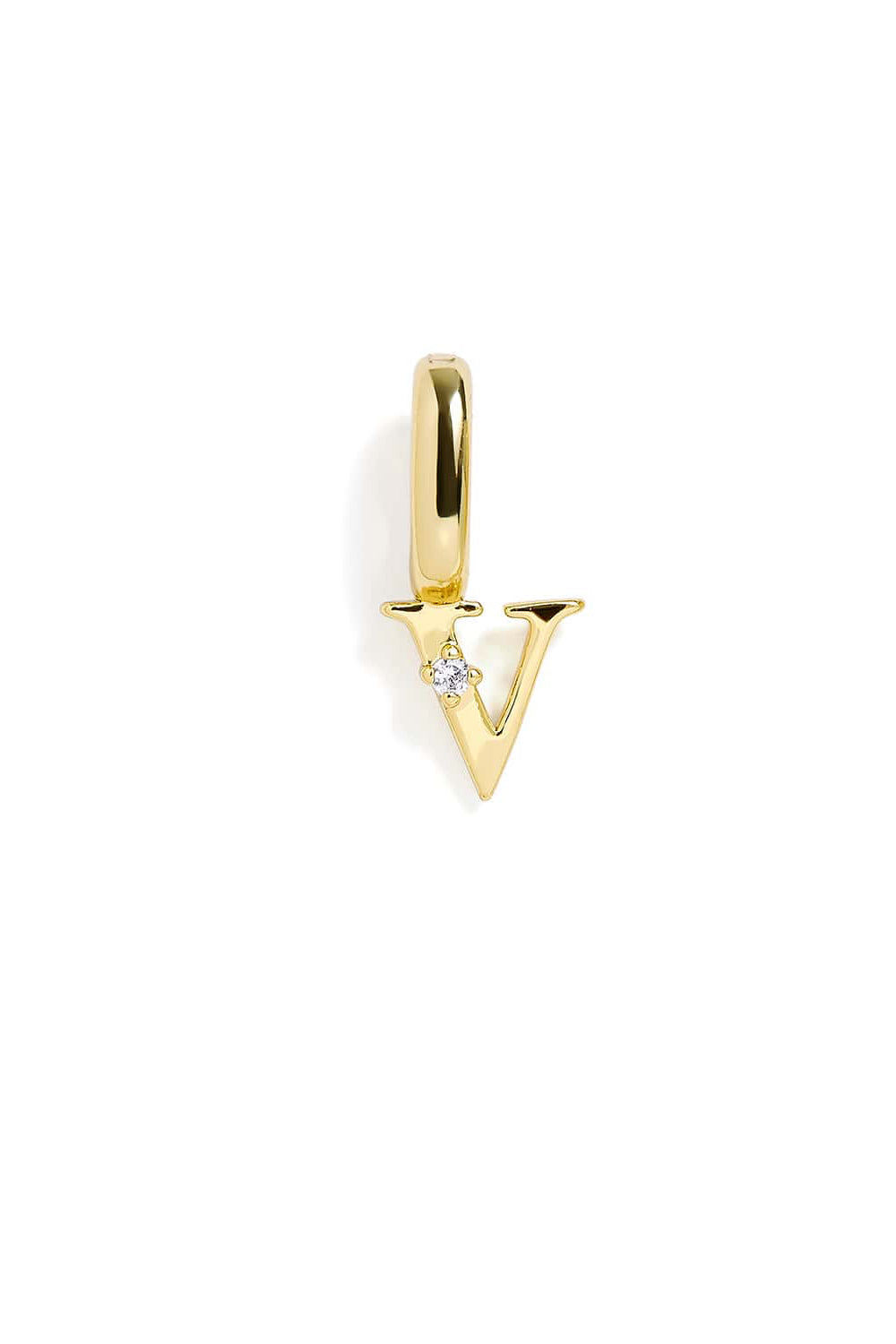 Gold 'V' pendant with a diamond on a white background