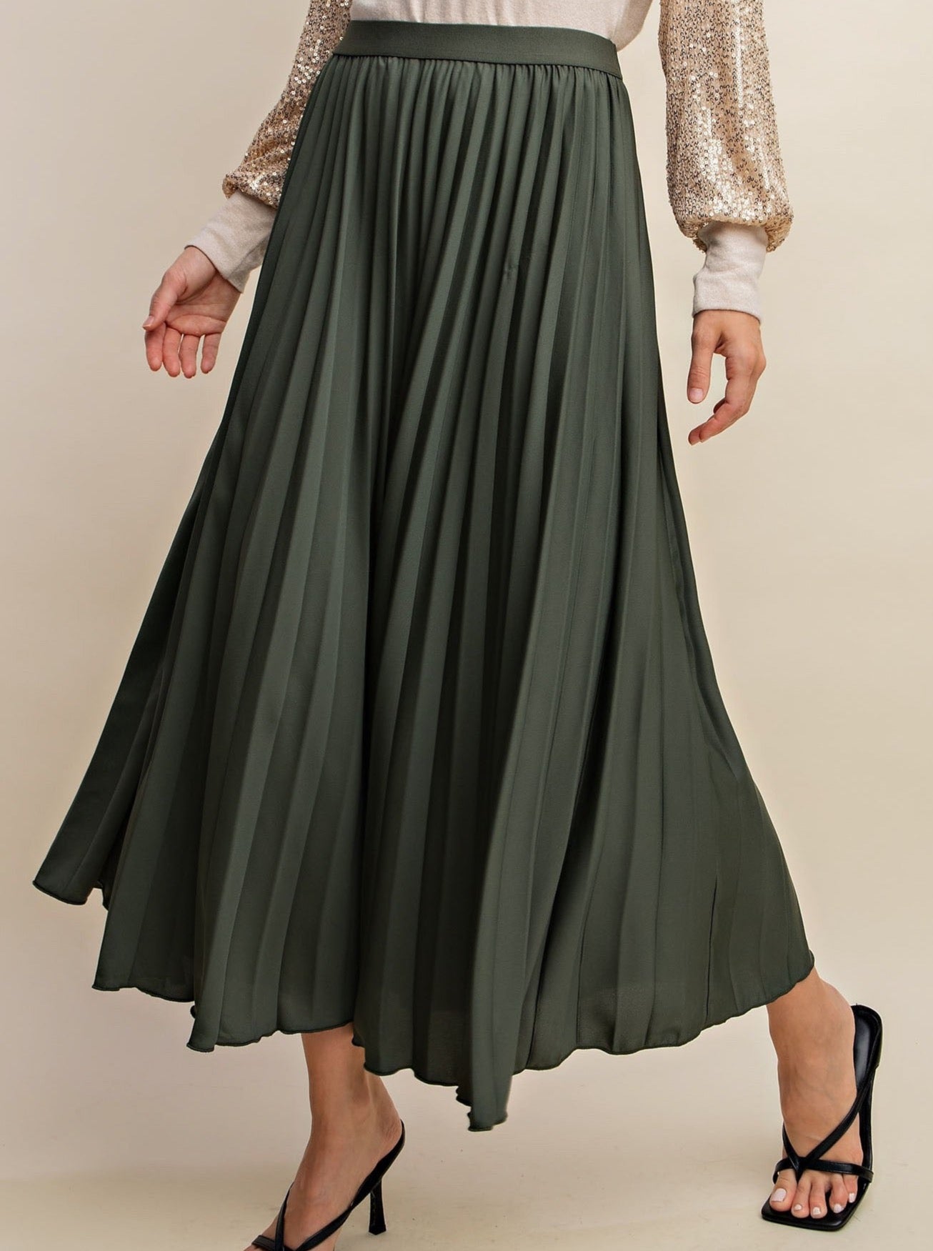 Khaki green pleated midi skirt best sale