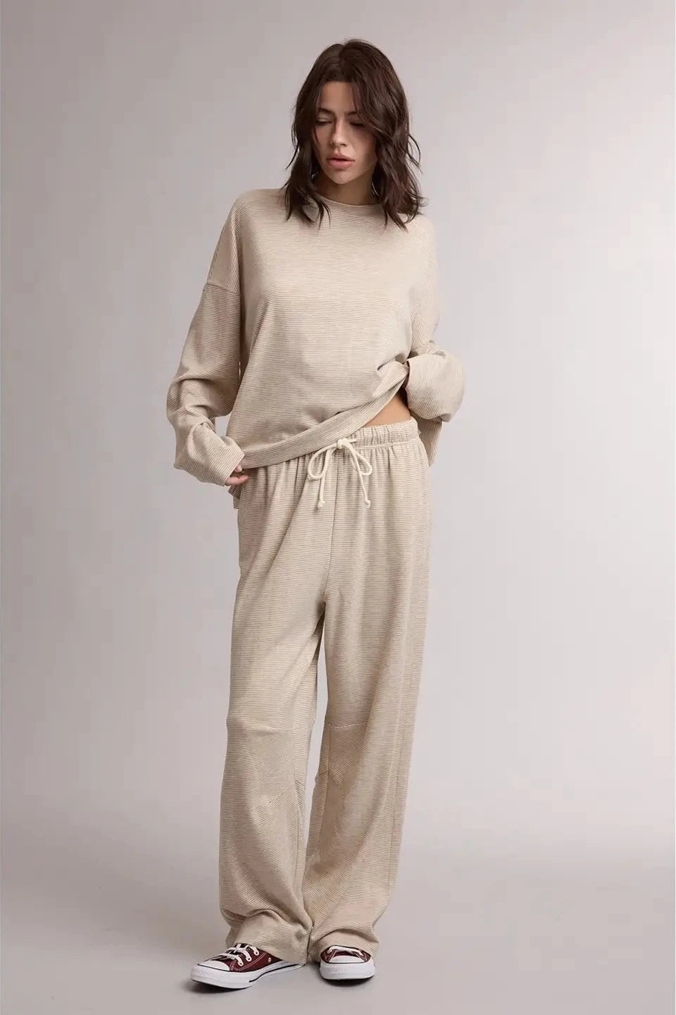 Striped Knit Lounge Set - Taupe