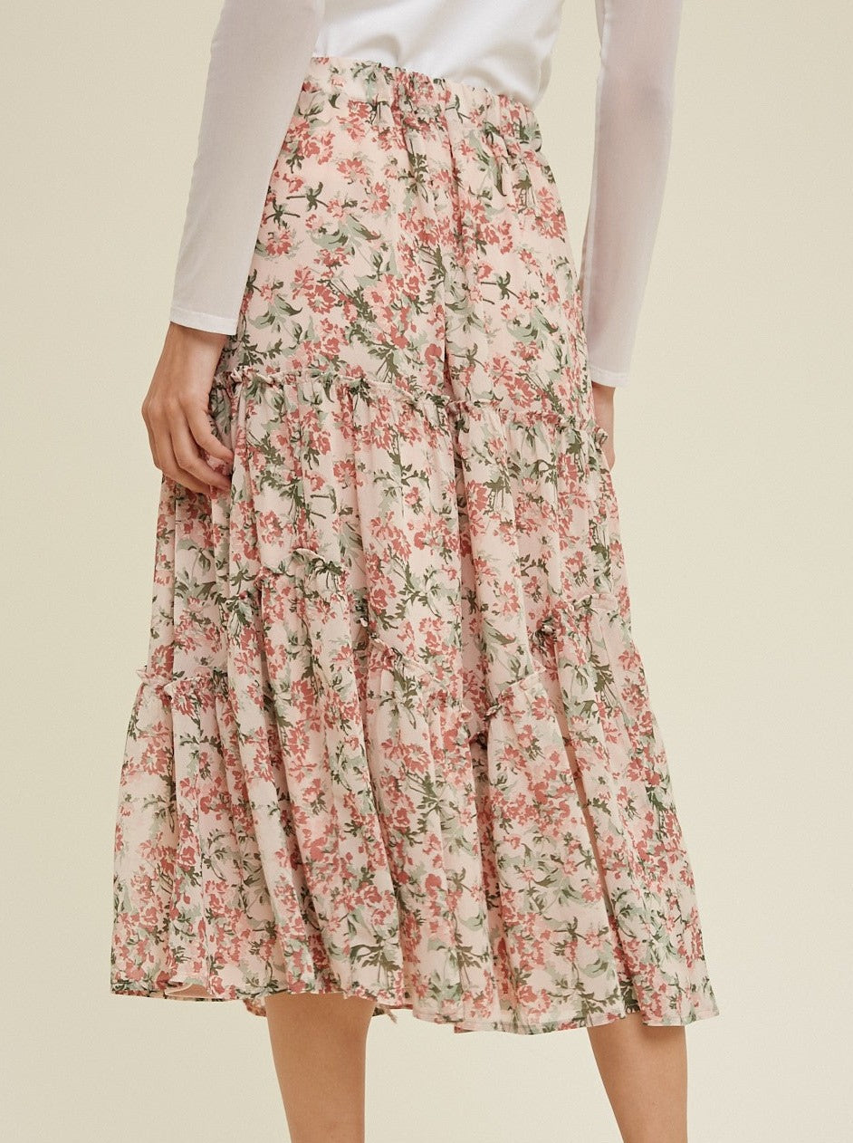 Floral Tiered Midi Skirt with Slit