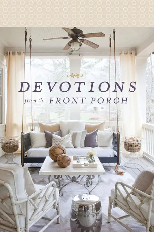 Book cover titled 'Devotions from the Front Porch' with a cozy porch setting.