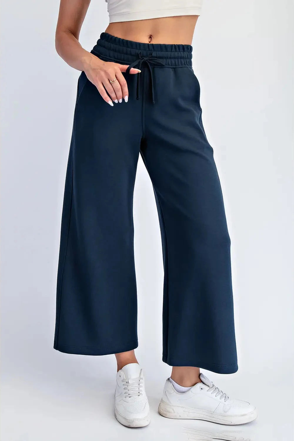 Navy Cropped Scuba Wide Leg Pants