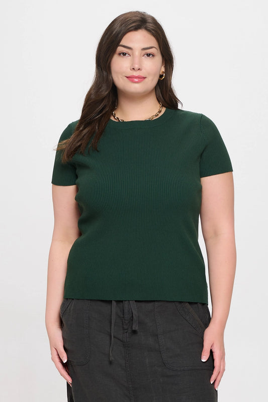 Plus Ribbed Sweater Knit Top - Hunter Green