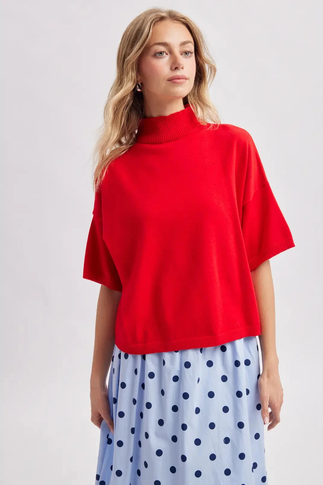 Mock Neck Short Sleeve Sweater - Red