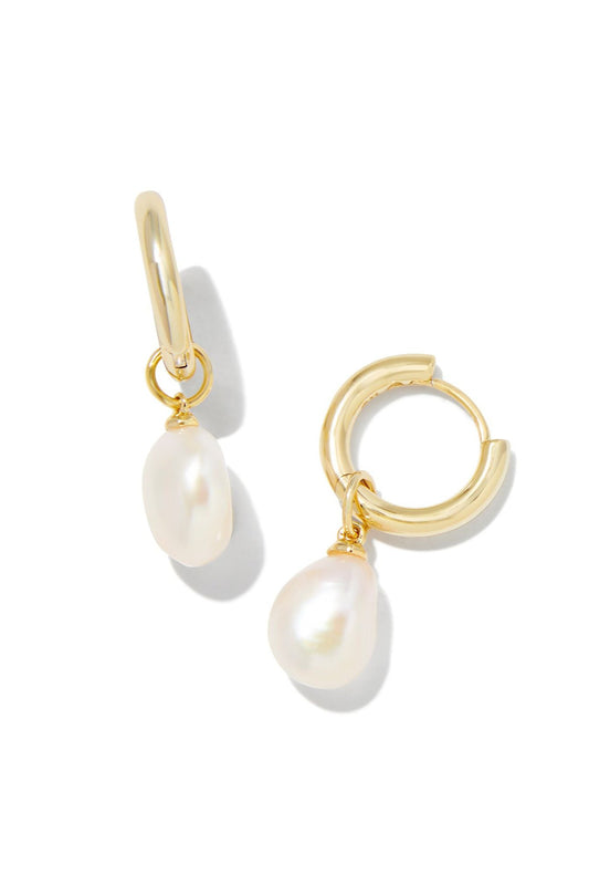 Kendra Scott Willa Gold Pearl Huggie Earrings in White Pearl