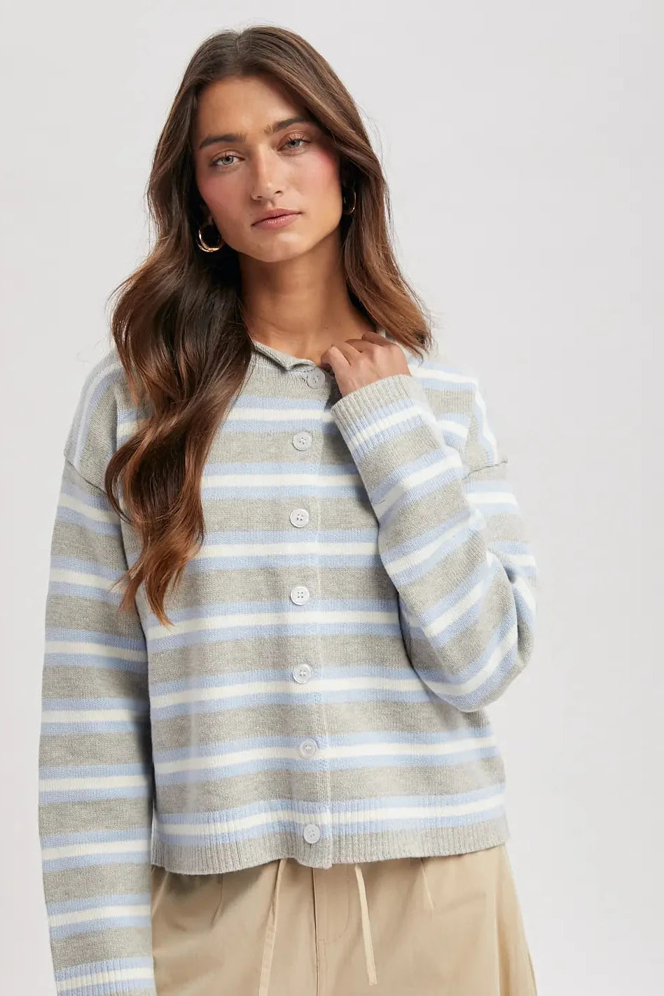 grey white and blue striped cardigan sweater