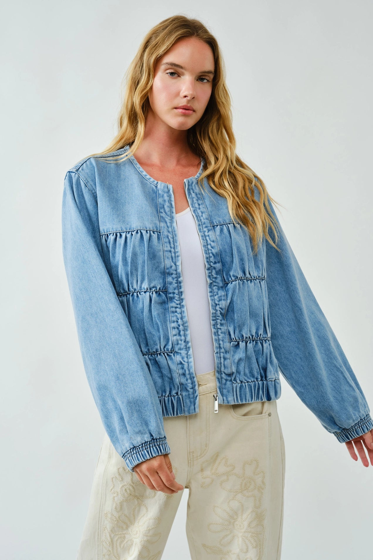 Ruched Seam Denim Bomber Jacket