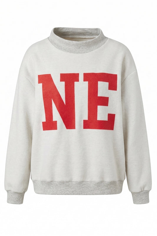 A light gray crewneck sweatshirt featuring a bold red 'NE' graphic printed across the chest, displayed on a clean white background.