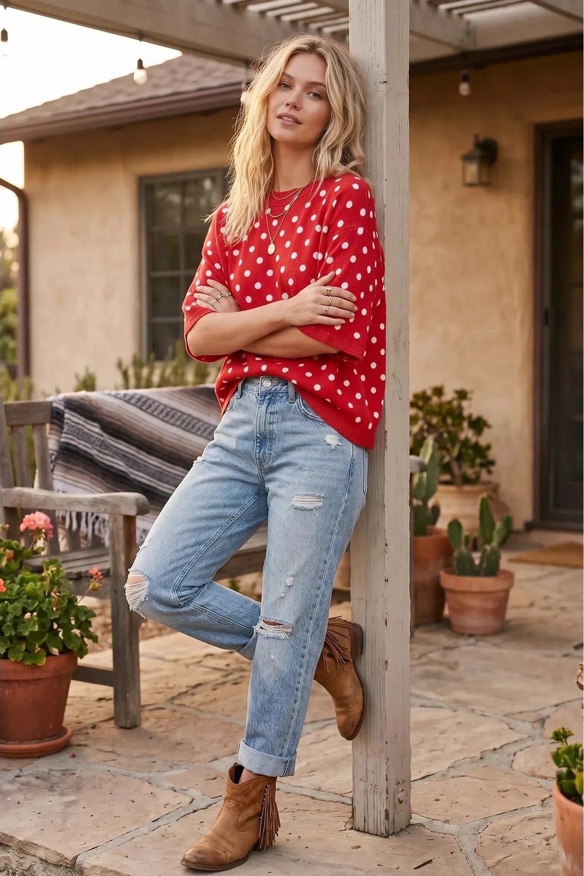 Oversized Polka Dot Sweater Top - Red