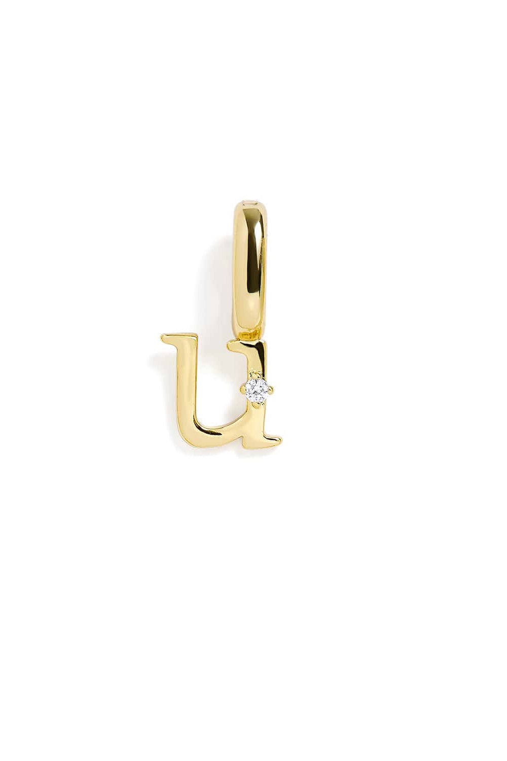 Gold letter 'U' pendant with a diamond on a white background