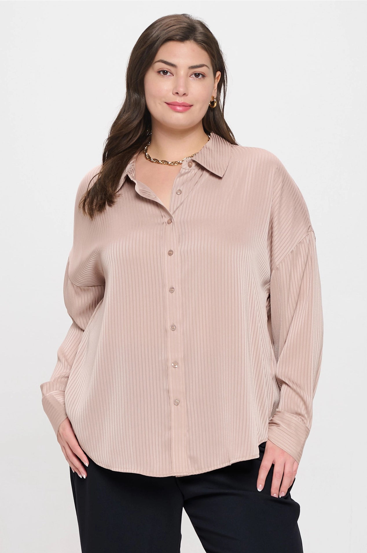 Plus Size Pinstripe Collared Button Down - Light Brown