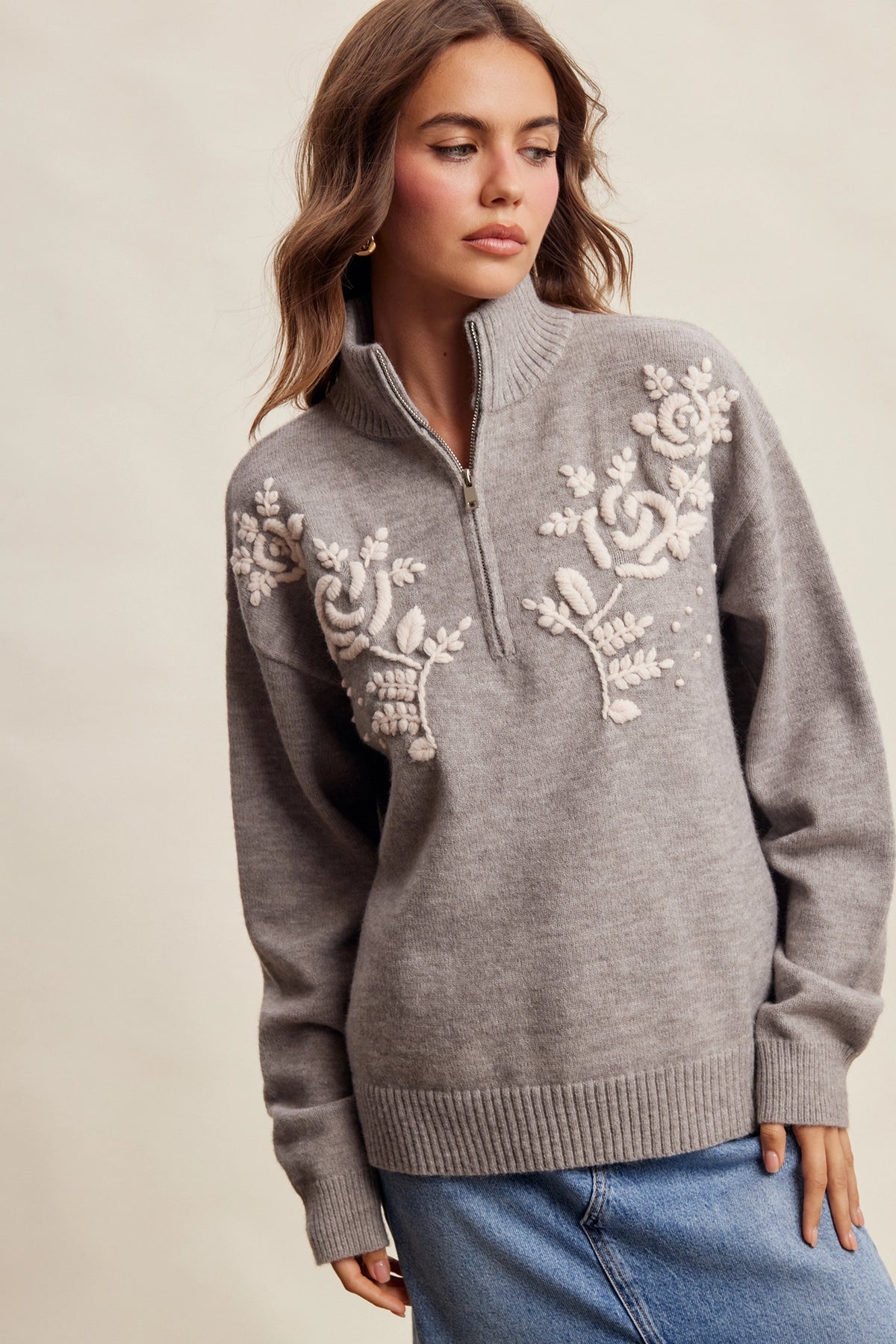 Grey Embroidered Quarter-Zip Sweater
