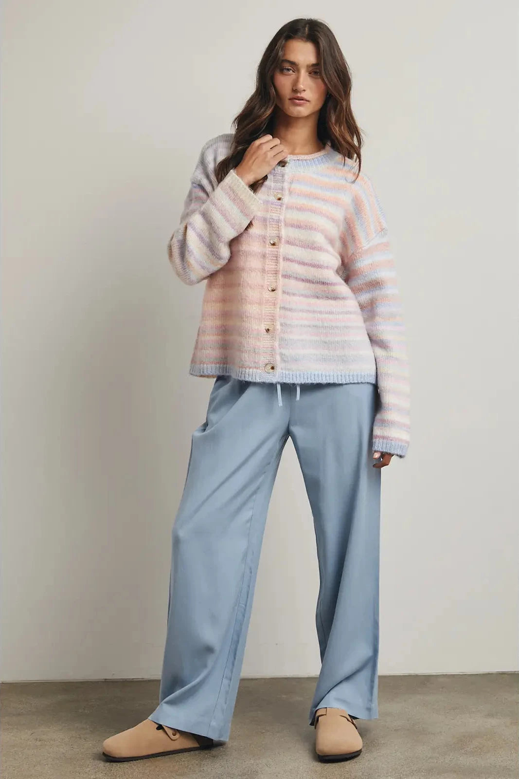 Rainbow Button-Up Knit Sweater Cardigan - Pastel