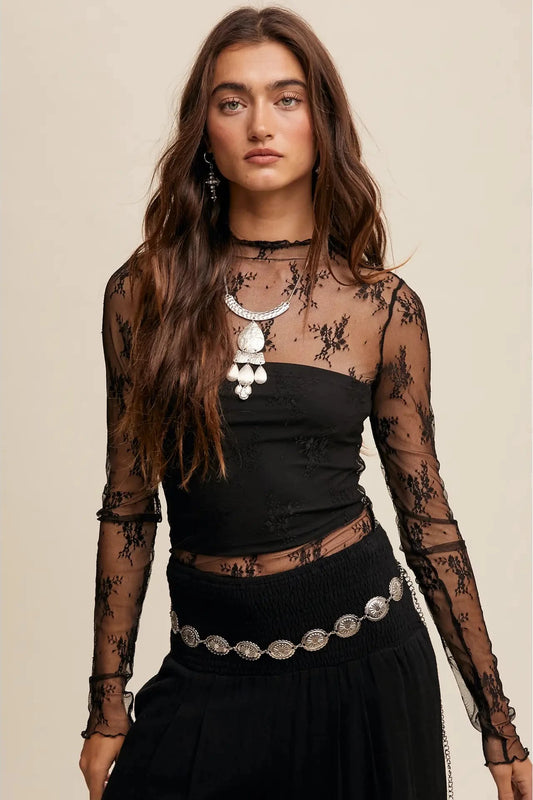 Sheer Lace Long Sleeve - Black