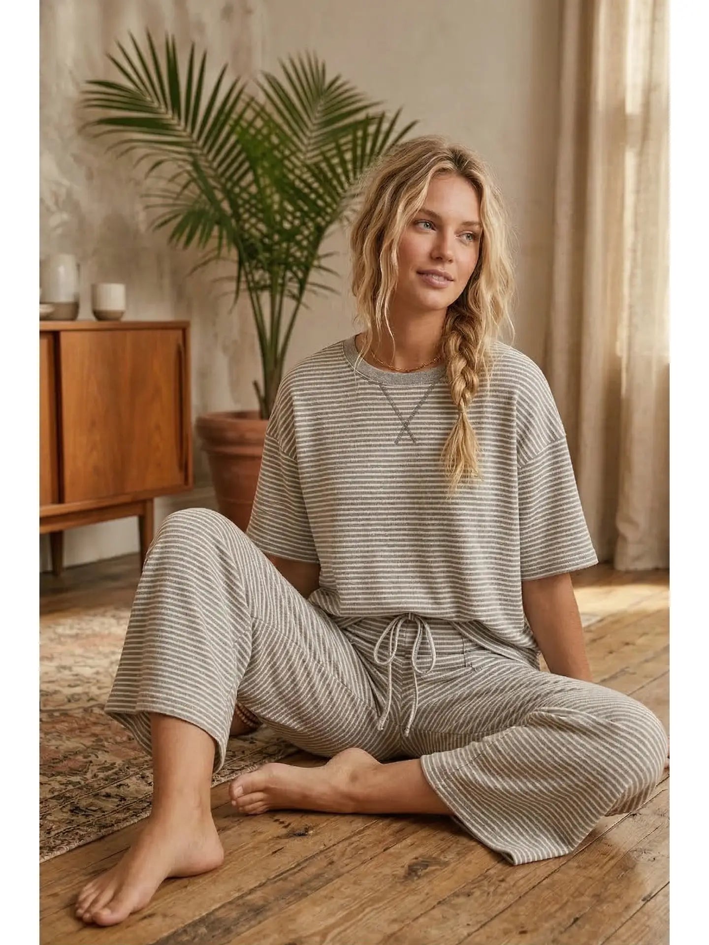 Striped Knit Top and Pants Set - Grey/White