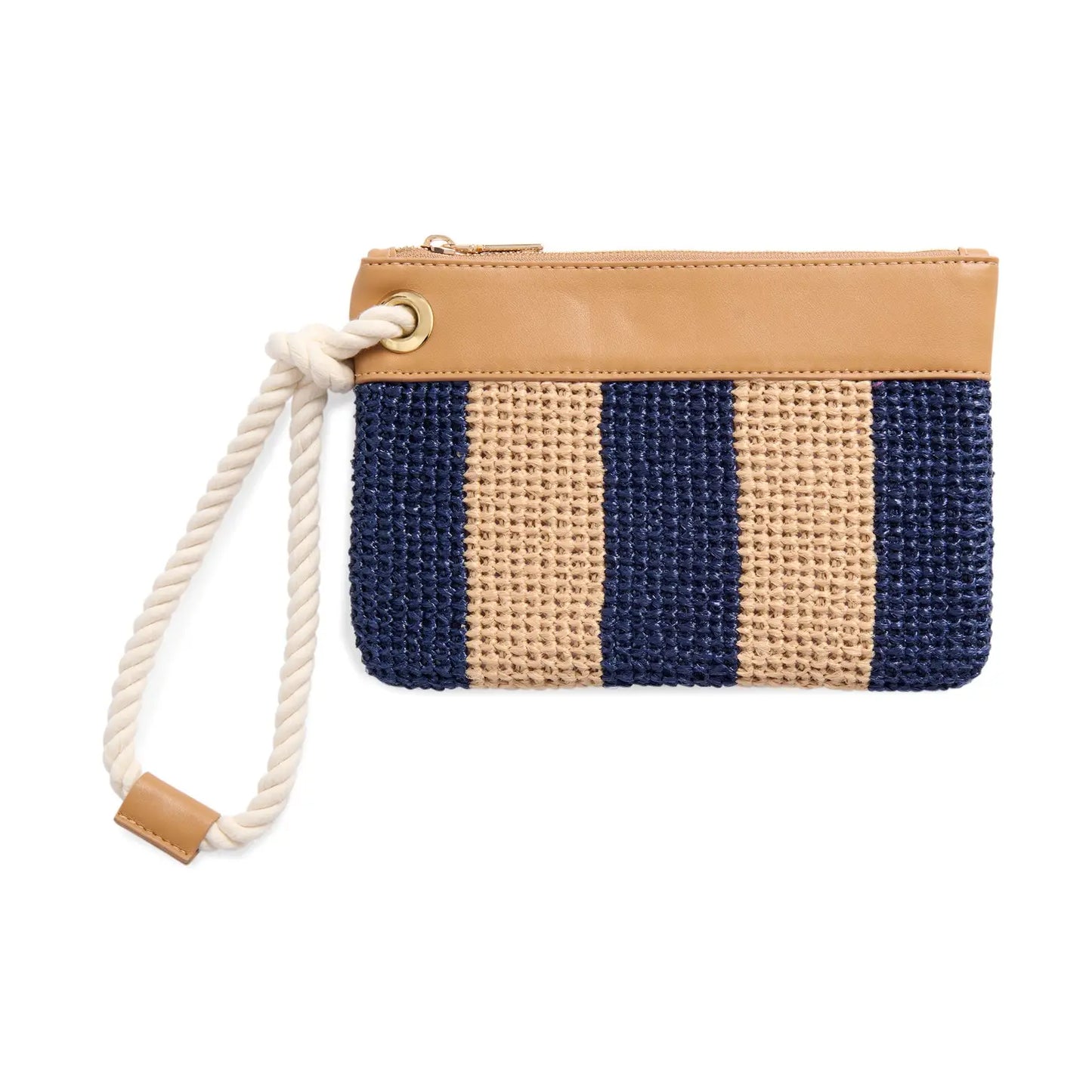 Woven clutch with striped pattern and beige accents on a white background