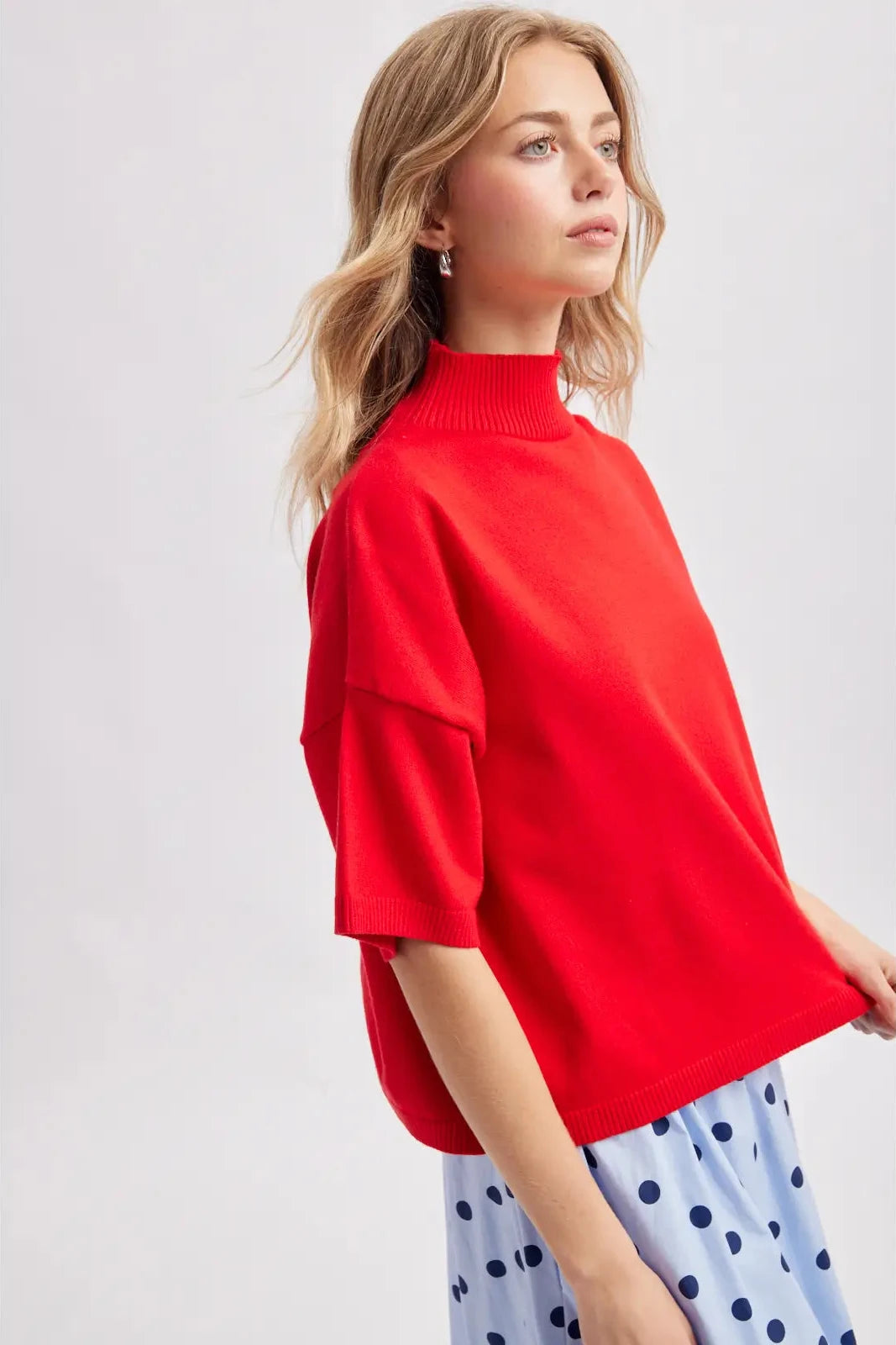 Mock Neck Short Sleeve Sweater - Red