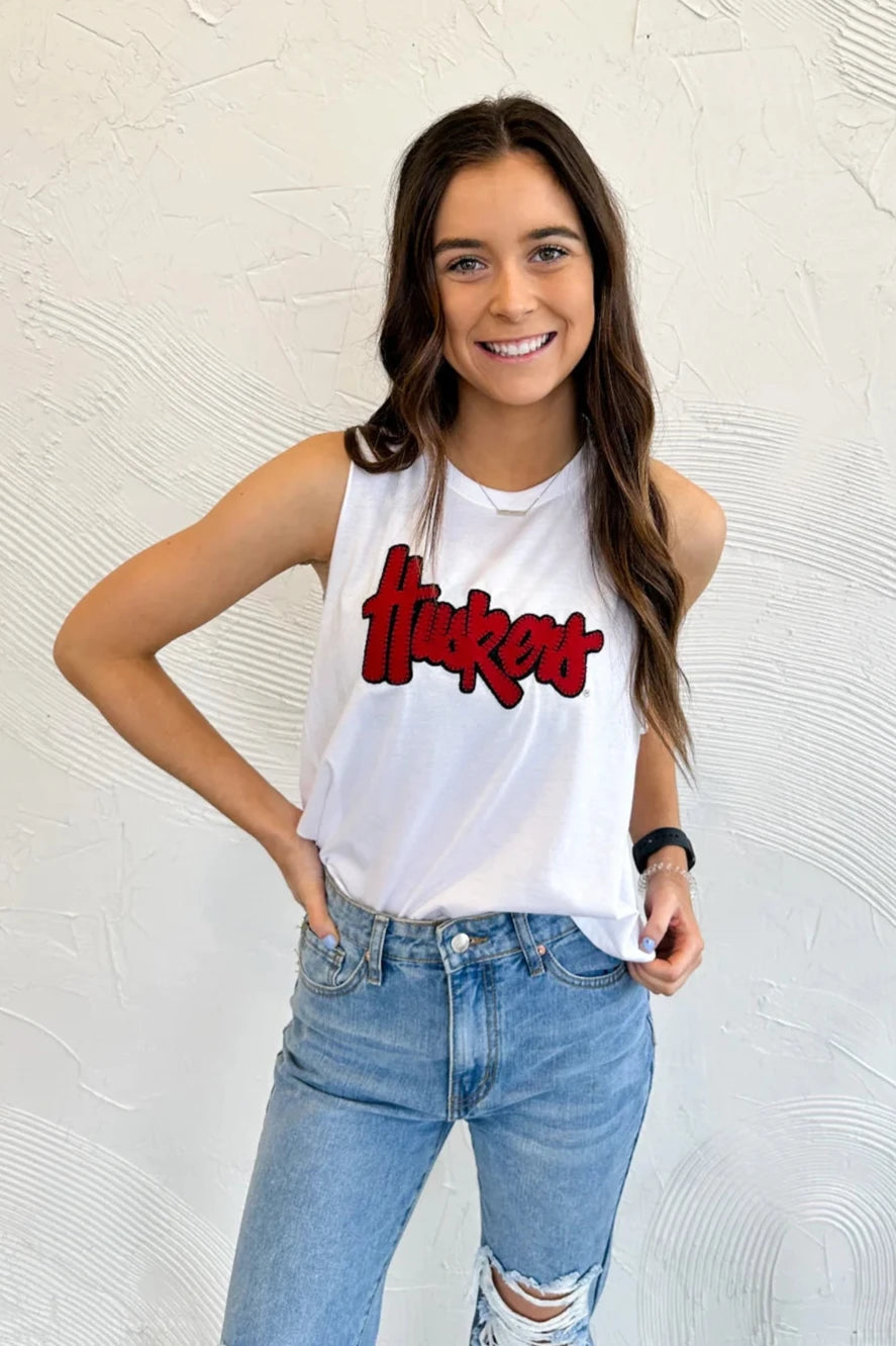 Red/ Black Sparkle Huskers - White Muscle Tank