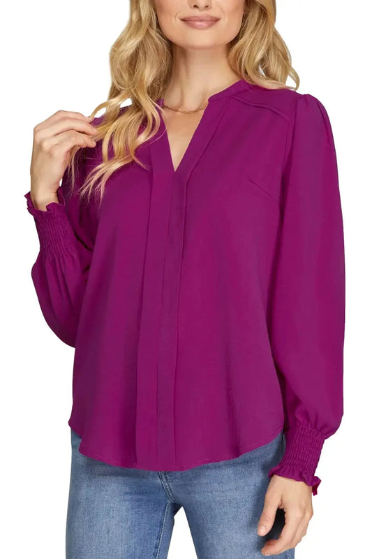 Long Smocked Sleeve Blouse - Magenta