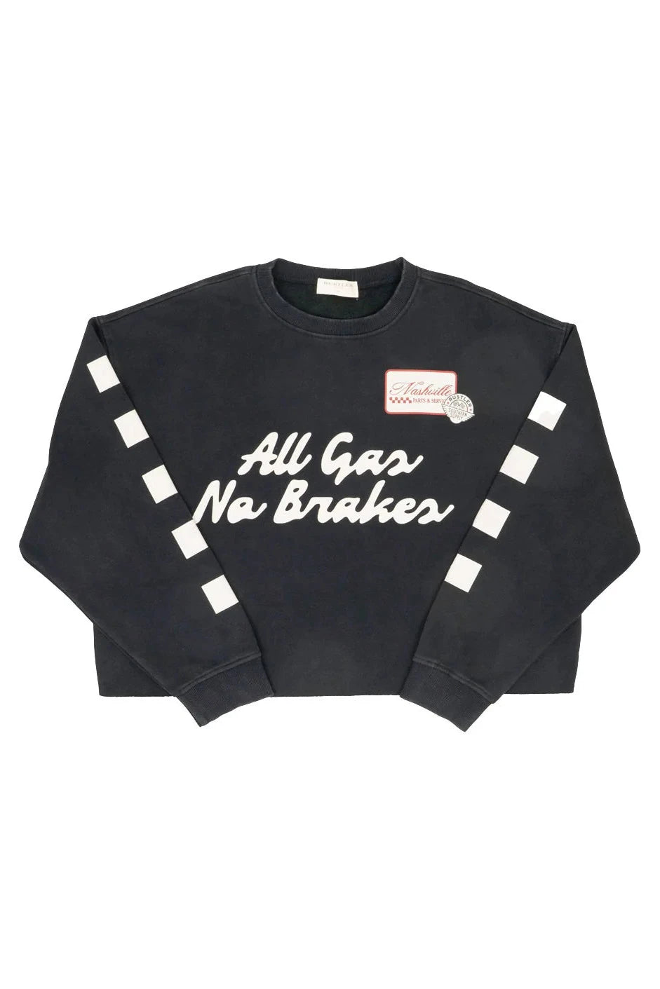 Black sweatshirt with 'All Gas No Brakes' text on a white background