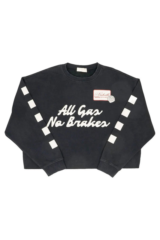 Black sweatshirt with 'All Gas No Brakes' text on a white background