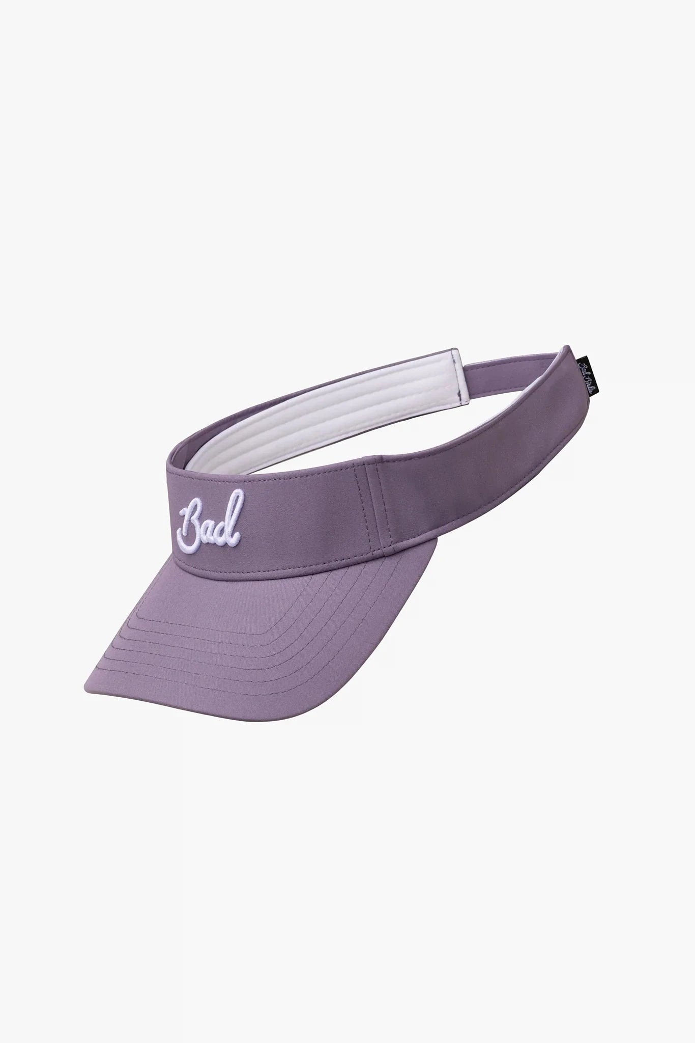 Purple visor with white text on a light gray background