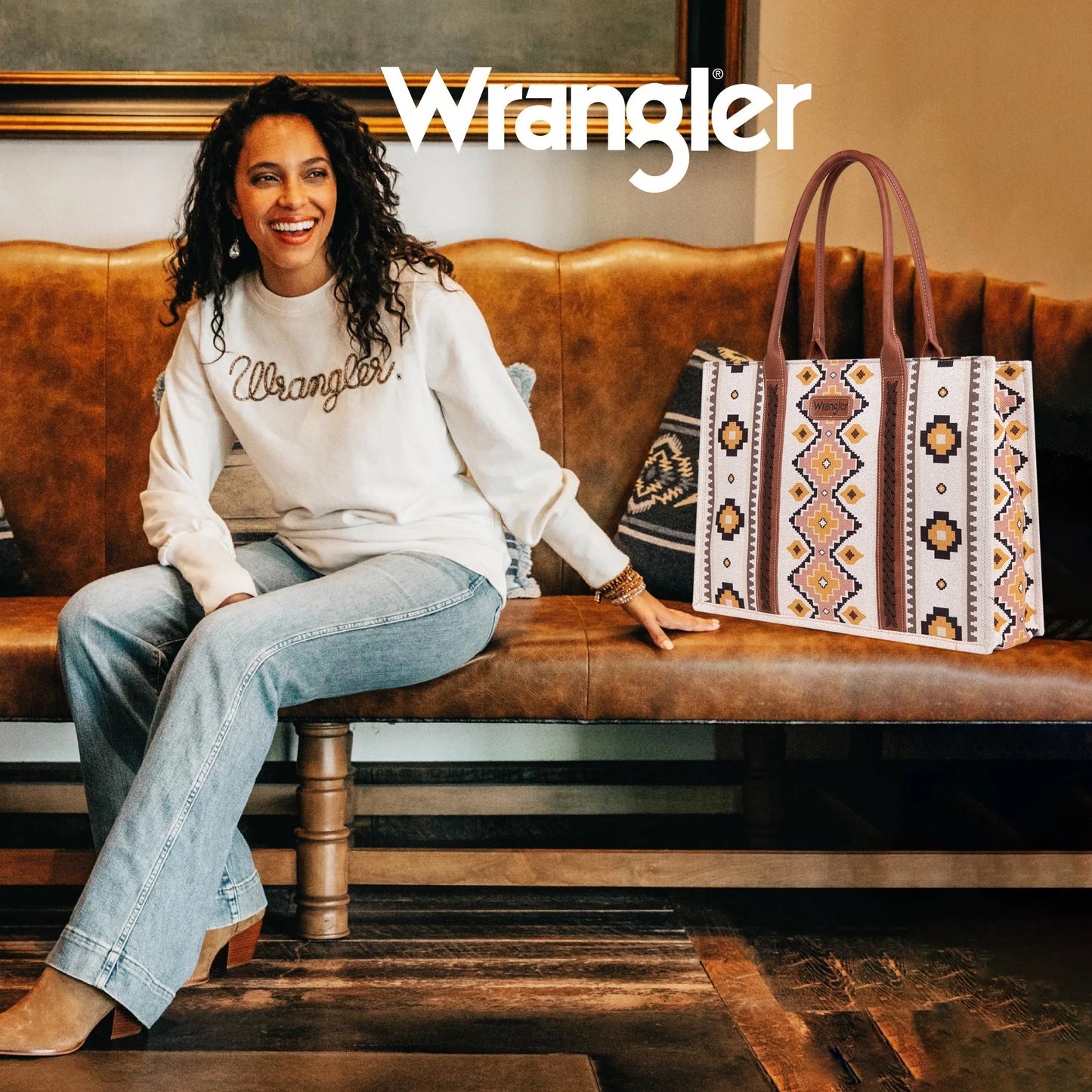 Pre-Order Wrangler Southwestern Pattern Dual Sided Print Canvas Wide Tote - Cream