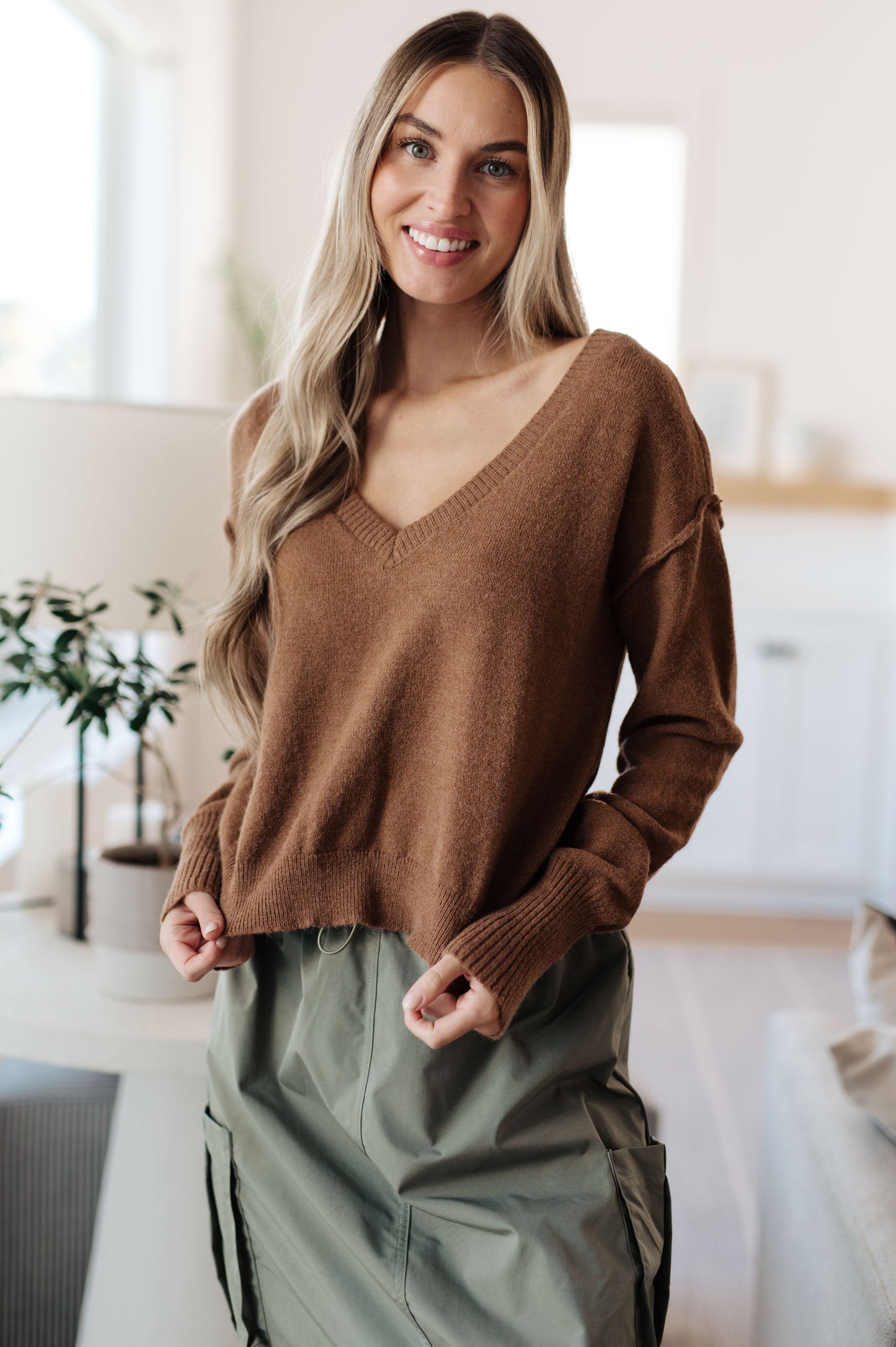 Back to Life V-Neck Sweater in Mocha (Online Exclusive)