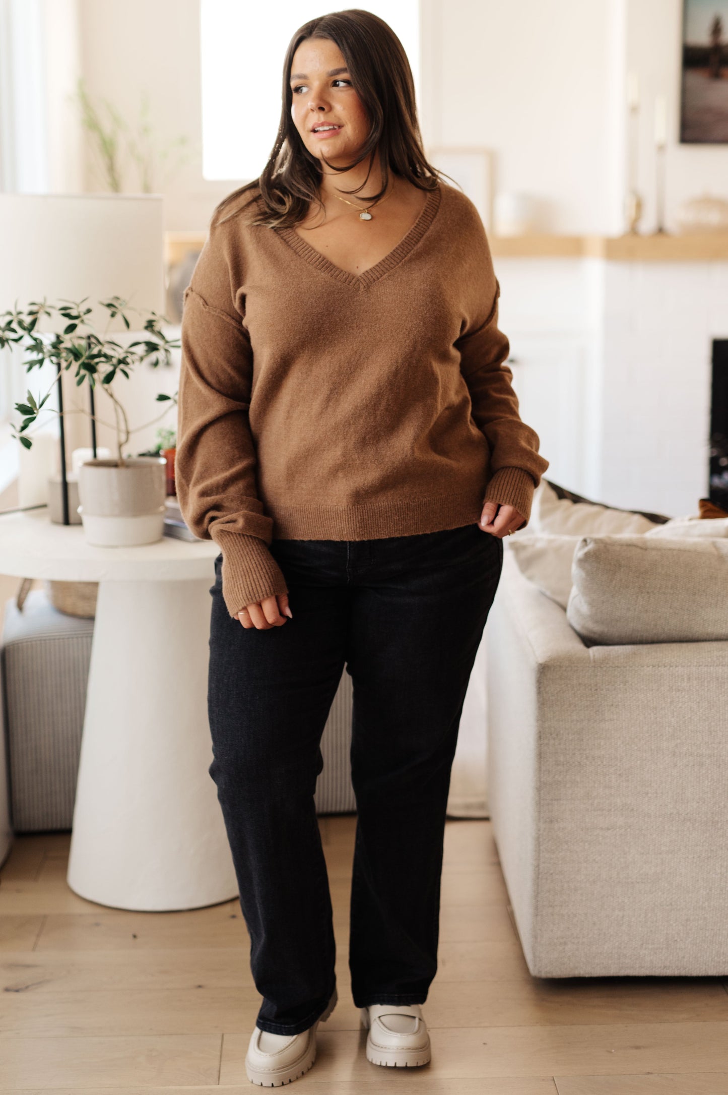 Back to Life V-Neck Sweater in Mocha (Online Exclusive)