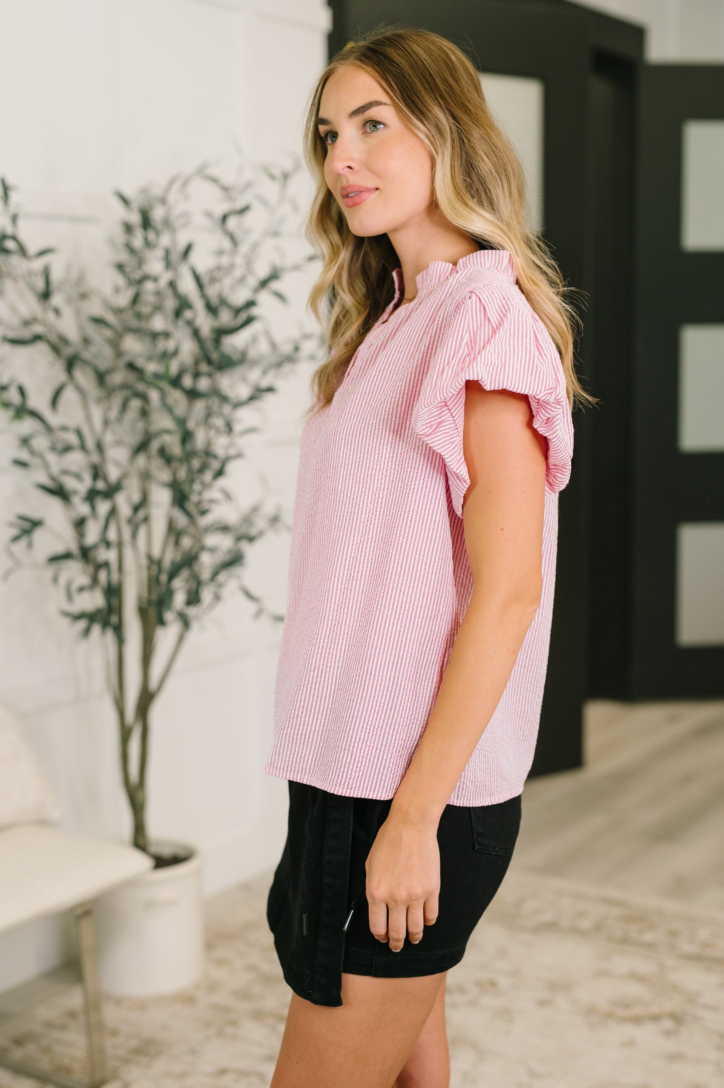 Beauty & Brains Textured Split Neck Blouse (Online Exclusive)