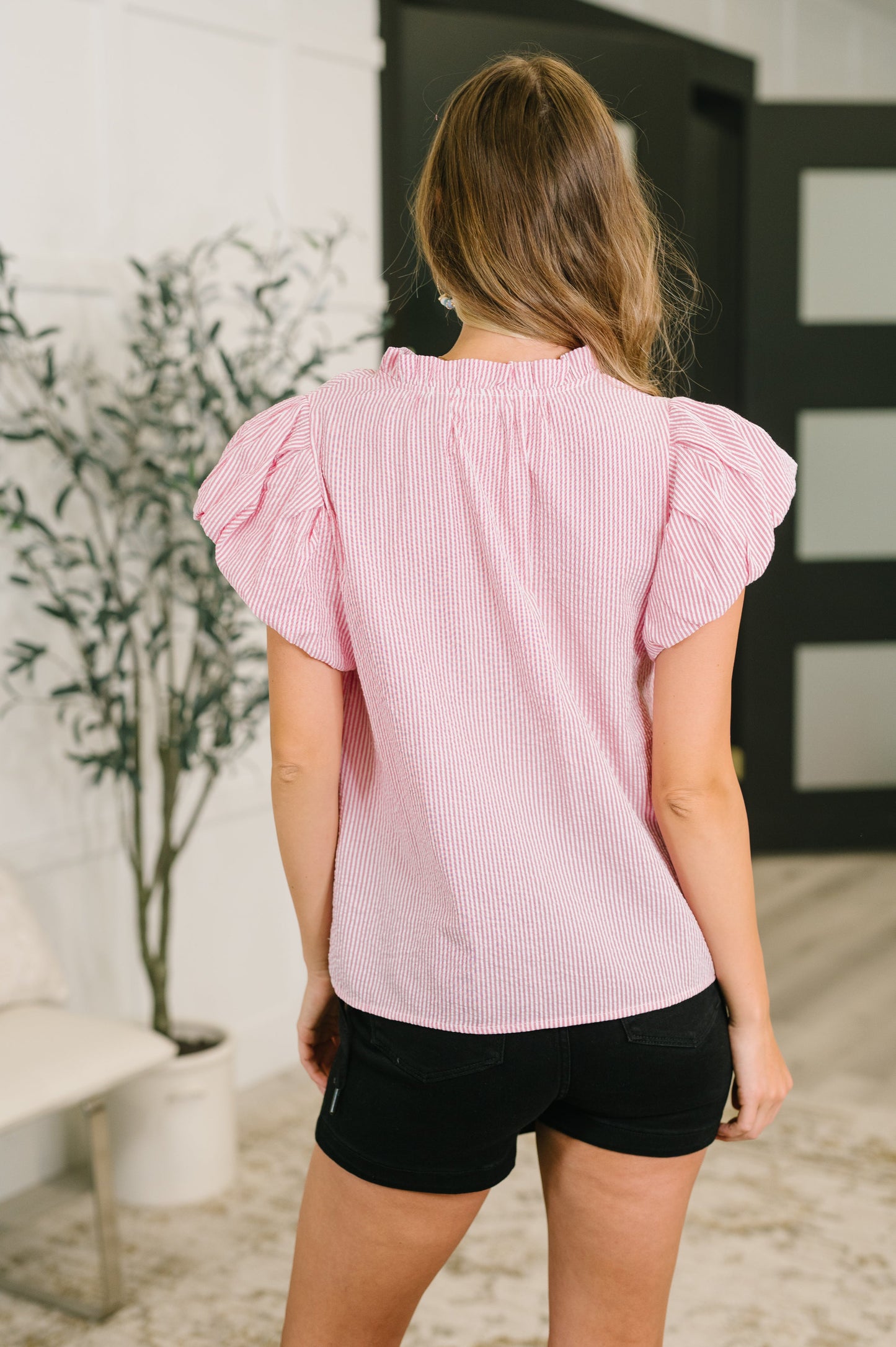 Beauty & Brains Textured Split Neck Blouse (Online Exclusive)