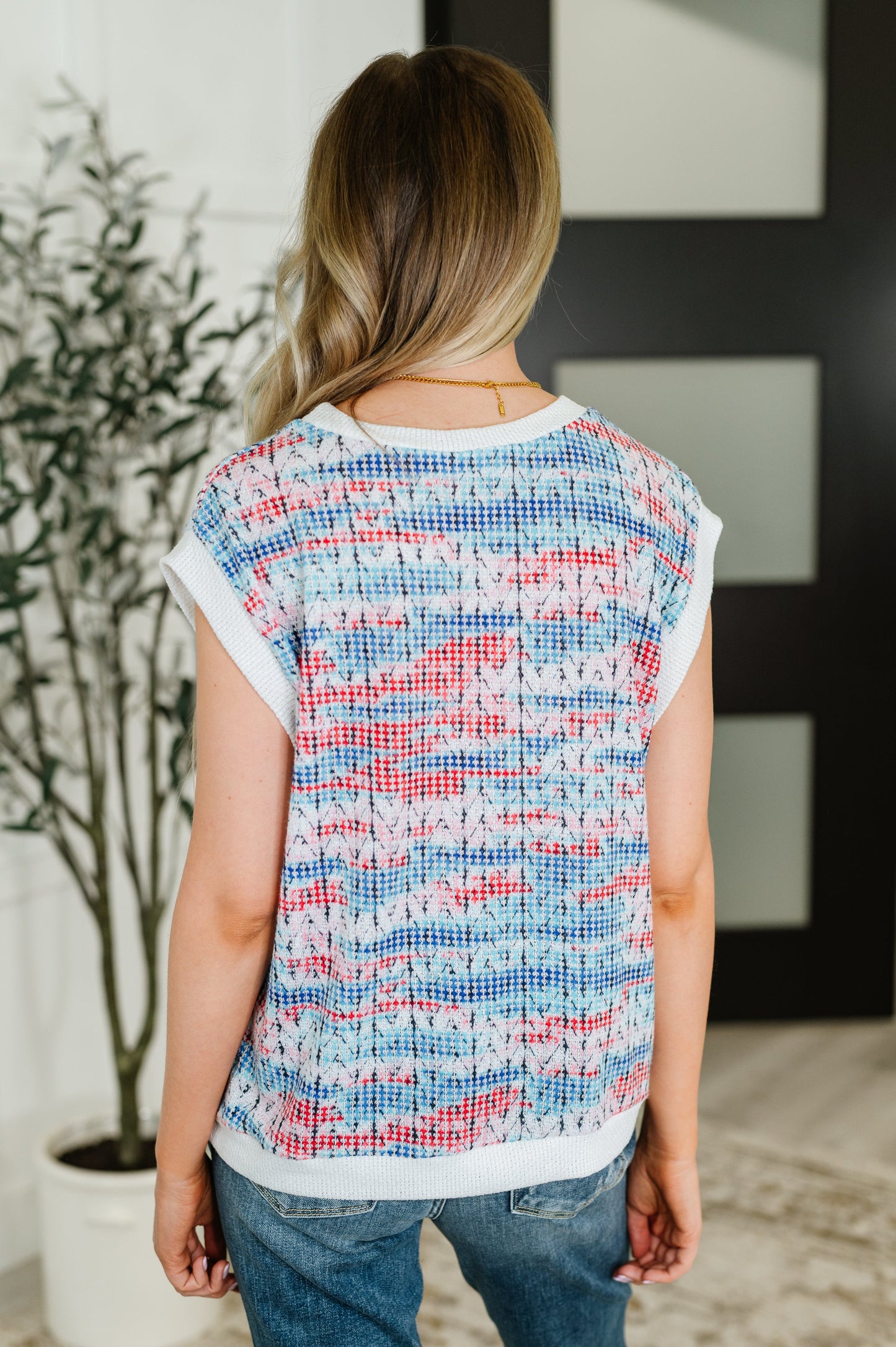 Blurred Beauty Textured Knit Top in Blue, Red and White (Online Exclusive)